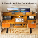 OffiGo U Shaped Electric Standing Desk with Drawers, 55 Inch Height Adjustable Desk with Keyboard Tray ＆ Ergonomic Monitor Stand, Sit Stand Table with Power Outlets for Home, Office, Rustic Brown OffiGo