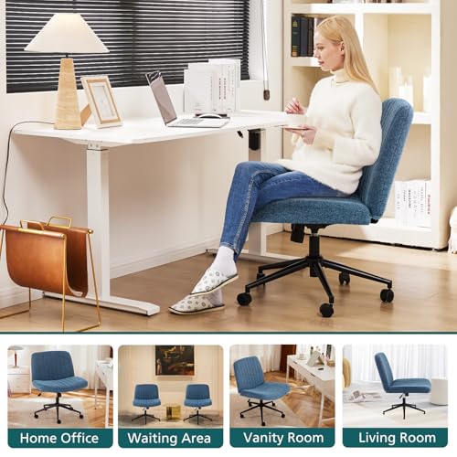OLIXIS Criss Cross Chair with Wheels Wide Cross Legged Office Desk Vanity Chair Comfy Fabric Armless Adjustable Swivel for Home Computer Task Blue OLIXIS