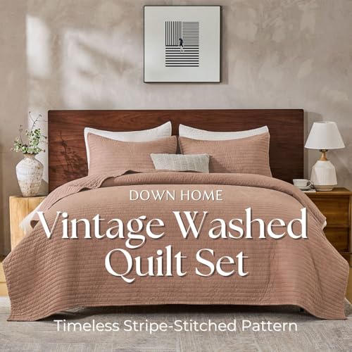 DOWN HOME Queen Quilt Bedding Set with Shams, Vintage Washed Soft Quilted Blanket Thin Comforter Lightweight Bedspread Coverlet Bed Cover, Brushed Microfiber Stripe Stitching, Desert Blush, 86"x90" DOWN HOME