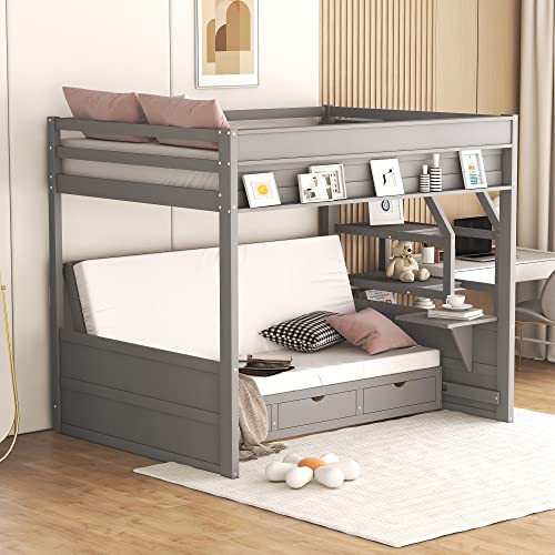 P PURLOVE Full Size Futon Bunk Bed with Storage,Full Over Full Futon Bunk Bed with Storage Staircase,Convertible Bed Frame with Bedside Table,can be Converted into Daybed P PURLOVE