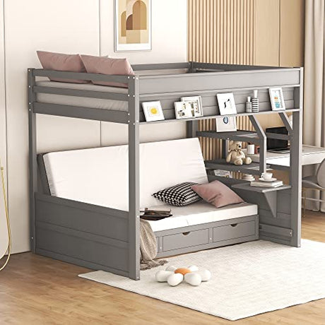P PURLOVE Full Size Futon Bunk Bed with Storage,Full Over Full Futon Bunk Bed with Storage Staircase,Convertible Bed Frame with Bedside Table,can be Converted into Daybed P PURLOVE