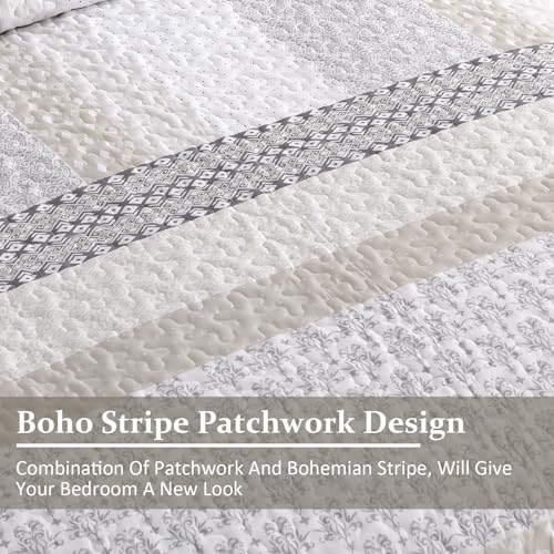 WONGS BEDDING Beige Quilt Queen Size, Bohemian Stripe Quilt Sets 3 Pieces Beige Boho Quilted Bedspread Set Lightweight Microfiber Coverlet Bedding Set All Season (96"x90") WONGS BEDDING