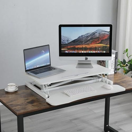 Xinmviec 32" Standing Desk Converter, Height Adjustable Sit to Stand Riser with Gas Spring Lift, Dual Monitor and Laptop Workstation with Wide Keyboard Tray for Home & Office (White) Xinmviec