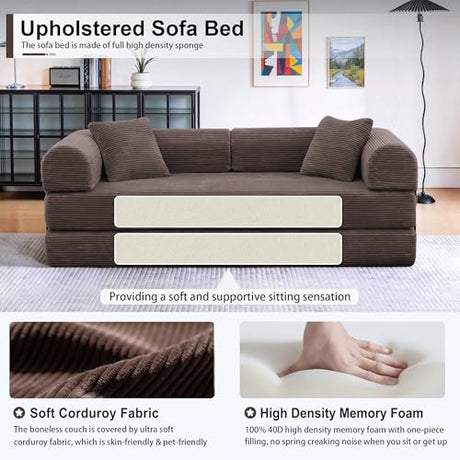 JJJ 63 inch Sofa Bed 4-in-1 Boneless Convertible Corduroy Sleeper Folding Couch with Fixed-Shape Frame and 2 Futons No Assemble Required 3 Seater Upholstered for Living Room (Brown, 63 inch) JJJ