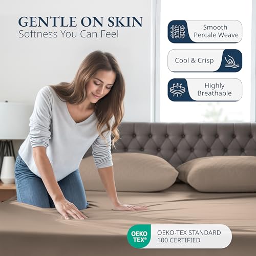 LANE LINEN King Fitted Sheet, 100% Organic Cotton, 3-Piece Set (1 Fitted Sheet,2 Pillowcases), Percale Weave, Ultra Soft, Breathable,Fits Mattress Upto 15" Deep - Taupe (No Flat Sheet) LANE LINEN