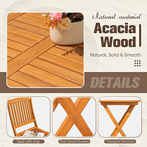 Flamaker Patio Set 3 Piece Acacia Wood Folding Bistro Set Outdoor Square Table and Chairs Balcony Furniture for Porch, Lawn, Backyard (Natural) Flamaker