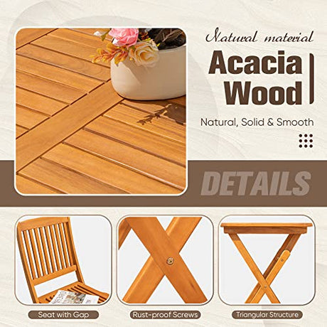 Flamaker Patio Set 3 Piece Acacia Wood Folding Bistro Set Outdoor Square Table and Chairs Balcony Furniture for Porch, Lawn, Backyard (Natural) Flamaker