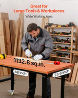 VEVOR Adjustable Workbench on Wheels, 1500 lbs Capacity, 48 x 24 Inch Oak Wood Top Workbench with 28.5-42.3 Inch Height Adjustment, Heavy-Duty Hardwood Worktable for Garage, Workshop, Home, Office VEVOR
