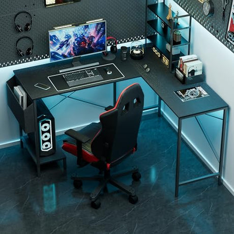 L Shaped Desk Gaming Computer 50 Inch Reversible Corner Table PC Work Table for Writing Study Student with Wood Tabletop Metal Frame CPU Stand Side Bag for Home Office Small Place Simple Deluxe