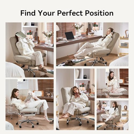 EMIAH Office Chair with Foot Rest Criss Cross Chair with Wheels and Flip-up Arms Reclining Desk Chair Comfy Wide Seat PU Leather Rolling Computer Home Office Chair (Beige) EMIAH