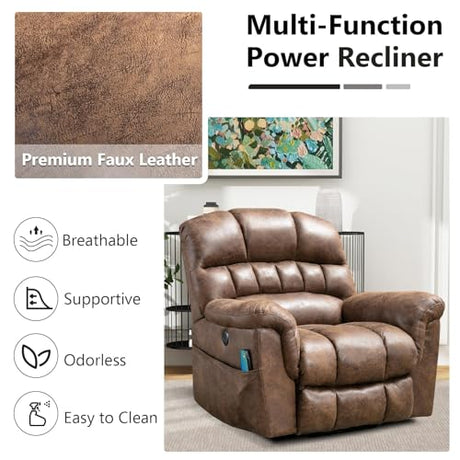 HAOMARKETS Oversized Power Lift Recliner with Massage and Heat for Elderly, Faux Leather Electric Lifting Reclining Chair with Side Pockets and USB Port for Living Room, Brown HAOMARKETS