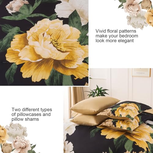 Dobuyly King Size Comforter Set 7 Piece Bed in a Bag, Yellow Brown Floral Printed on Black Comforter Set with Sheets, Soft Microfiber Botanical Boho Complete Bedding Set for All Season Dobuyly