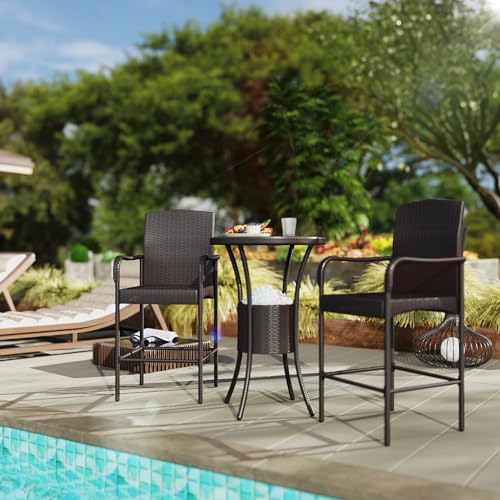 Outsunny 3 Pieces Rattan Wicker Bar Set with Ice Buckets, Patio Furniture with 1 Bar Table and 2 Bar Stools for Poolside, Backyard, Porches, Dark Brown Outsunny