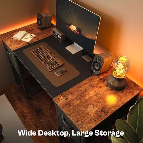 Huuger 47 Inch Computer Desk with 4 Drawers, Office Desk with Mesh Shelf, Gaming Desk, Large Storage, Writing Desk Work Desk for Home Office, Study, Bedroom, Work from Home, Rustic Brown and  - WoodArtSupply