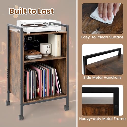 Giantex Record Player Stand with Charging Station, Mobile Turntable Stand with Record Storage & 4 Rolling Wheels, 3-Tier Vinyl Record Storage w/ Open Shelves & Dividers for Living Room, Rustic Brown Giantex