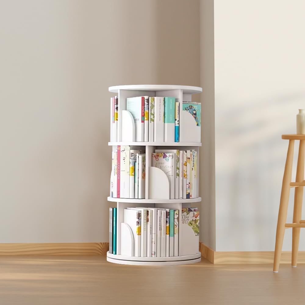 PrimeNex 360° Rotating White Bookshelf Tower - 3 Tier Floor Standing Storage Rack for Kids & Adults - WoodArtSupply