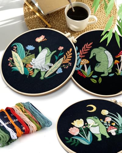 TINDTOP 3 Sets Embroidery Kit for Adults, Frog Embroidery Practice Kit for Beginners Include Embroidery Cloth Hoops Threads for Craft Lover Hand Stitch with Embroidery Skill Techniques TINDTOP
