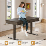 ONBRILL Standing Desk with Drawers, 55 x 23 Inch Electric Height Adjustable Desk with Storage & Outlets, for Computer Workstation, Home Office, Retro Curved Table Corner Design, Dark Walnut ONBRILL