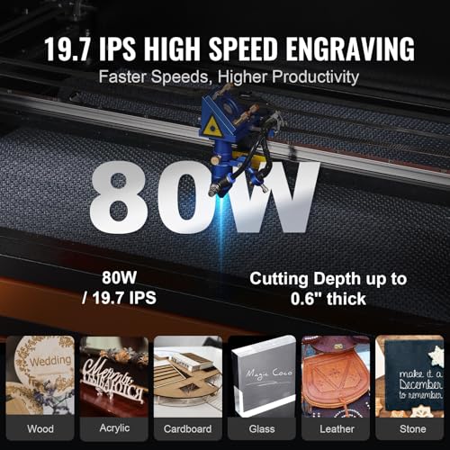 VEVOR 80W CO2 Laser Engraver, 20 x 28 in, 19.7 IPS Laser Cutter Machine with 2-Way Pass Air Assist, Compatible with LightBurn, CorelDRAW, AutoCAD, Windows, Mac OS, Linux, for Wood Acrylic Fabric More VEVOR