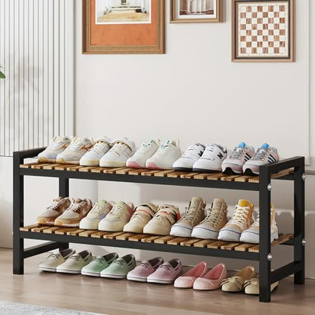 Shoe Rack Organizer for Small Spaces 2Tier Long Narrow Shoe Stand, Closet Shoe Rack, Small Shoe Shelf for Closet Entryway Corner Garage and Bedroom Front Door - Shoe Storage Combining Wood and Metal ZHUTIANXIA