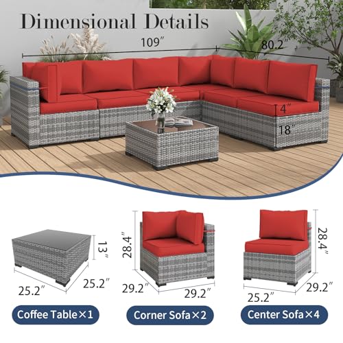 Amopatio Patio Furniture Set, Outdoor Patio Furniture Wicker Furniture, 7-Pieces Outdoor Sectional Sofa with Patio Furniture Cover, Outdoor Patio Set for Home Furniture (Light Red)