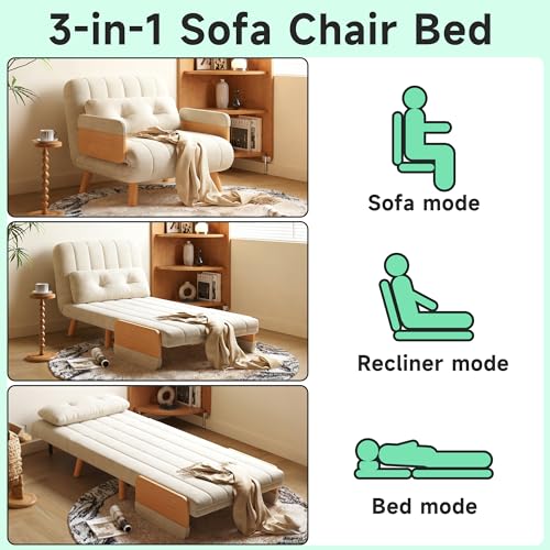 FLOCQISEM Convertible Chair Bed, Futon Sofa Bed Sleeper Chair with Solid Wood Leg and Storage Pocket, Linen Fabric Sofa Couch Guest Bed for Living Room, Bedroom, Office, Apartment (27.56) FLOCQISEM
