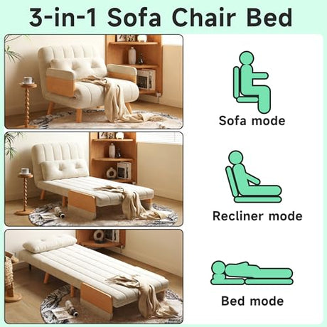 FLOCQISEM Convertible Chair Bed, Futon Sofa Bed Sleeper Chair with Solid Wood Leg and Storage Pocket, Linen Fabric Sofa Couch Guest Bed for Living Room, Bedroom, Office, Apartment (27.56) FLOCQISEM