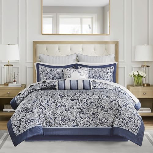 Madison Park Aubrey Cozy Comforter Set, Faux Silk Jacquard Paisley Design - All Season Down Alternative Bedding with Cotton Bed Sheets, Bed Skirt & Toss Pillows, King Navy 12 Piece Madison Park