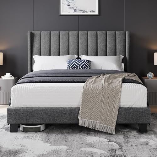 Yaheetech Dark Gray Upholstered Full Bed Frame with Wing Design and Wooden Slats - WoodArtSupply