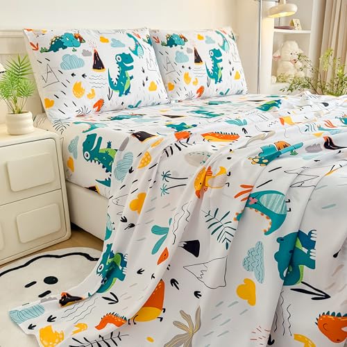 MWMWMW Dinosaur Full Bed Sheets Kids Boys, 4 Pieces Boys Sheets Sets Full, Dinosaur Printed Microfiber Deep Pocket Bed Sheet with 2 Pillowcases MWMWMW