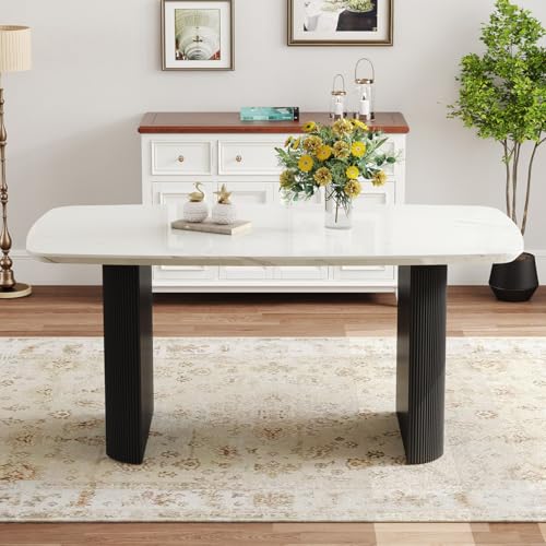 Ebullient White Marble Dining Table for 6–8, 67'' Modern Oval Kitchen Table with 3.5'' Thick White Marble-Patterned Tabletop and Matte Black Column Legs, Large Dining Room Table Ebullient