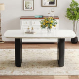 Ebullient White Marble Dining Table for 6–8, 67'' Modern Oval Kitchen Table with 3.5'' Thick White Marble-Patterned Tabletop and Matte Black Column Legs, Large Dining Room Table Ebullient