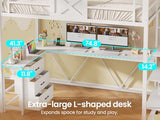 Itaar Stairway Twin Size Loft Bed with L Shaped Desk and Wardrobe, Metal Loft Bed Frame with Stairs, 3 Fabric Drawers, LED Lights & Charging Sation, No Noise & No Box Spring Needed, White Itaar
