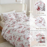 VM VOUGEMARKET Ruffle Comforter Set Twin XL Red Rose Flower Comforter Romantic Floral Bedding Set Soft Microfiber Botanical Bedding Comforter Set 1 Flower Ruffled Comforter with 2 Pillowcases VM VOUGEMARKET
