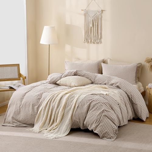 TOCOMOA Tan Gingham Duvet Cover Bedding Set 100% Washed Cotton Like Linen Feel Super Soft Comfy 3 Piece Brown Vintage Plaid Checkered Fall Comforter Cover Set (King 104"x90", Comforter Not Included) TOCOMOA
