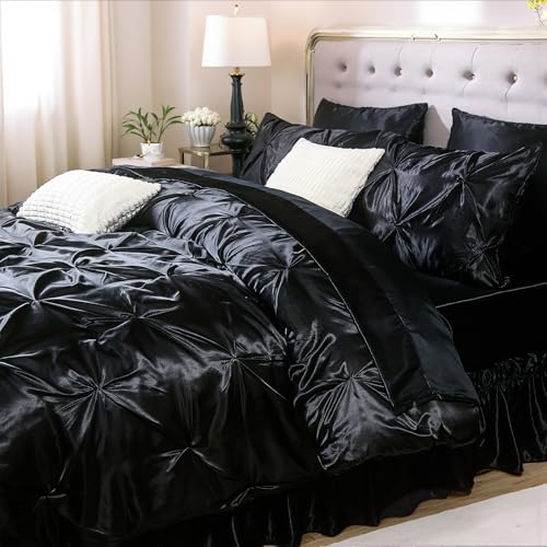 Bedbay Black Comforter Set Queen Size,10-Piece Satin Comforter Bed Set,Pinch Pleat Bedding Set,Black Pintuck Luxury Bed Comforter Set,Lightweight Silk Like Satin Bedding Comforter for All Seasons Bedbay