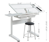 Dyncan Hand Crank Height Adjustable Drafting Table Adjustable Large Desktop- Modern Tempered Glass Artist Drawing Table 0-75° Tiltable Tabletop Artist with Chair and 2 Metal Drawers Dyncan
