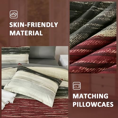 WONGS BEDDING Red King Size Comforter Set, 7 Pieces Striped Bed in a Bag Comforter and Sheet Set, Boho Lightweight Microfiber King Bedding Set for All Season (104" x 90")