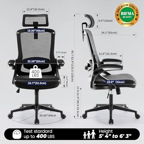 Fizzin Ergonomic Office Chair, 400 LBS Computer Chairs with Adjustable Lumbar Support, Breathable Mesh Desk Chair Ergonomic with Thickened Cushion, Comfy Home Office Desk Chair (Black) Fizzin