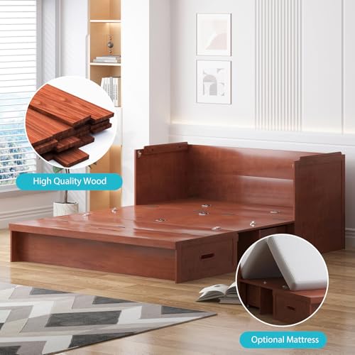 CECER Queen Size Murphy Bed with Tri-Folding Mattress，Murphy Bed with Charging Station and Two Large Storage Drawers for Small Spaces/Bedroom（Maroon）-Mattress Include CECER