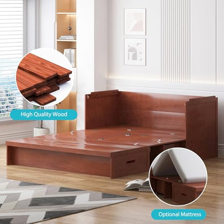 CECER Queen Size Murphy Bed with Tri-Folding Mattress，Murphy Bed with Charging Station and Two Large Storage Drawers for Small Spaces/Bedroom（Maroon）-Mattress Include CECER
