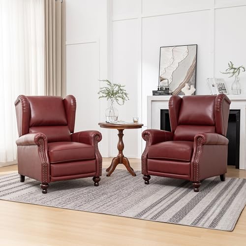 SHINE FURNISHING Genuine Leather Recliner Chair with Nailhead Trim, Mid Century Modern Push Back Recliner with Thick Cushioned Seat, Single Sofa & Accent Chair for Living Room (Burgundy)