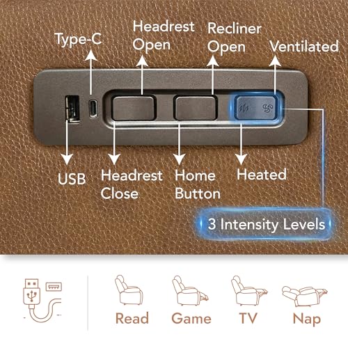 Watson & Whitely Genuine Leather Wall Hugger Power Recliner Chair with Power Headrest, Heating & Cooling, Electric Lay Flat Recliner with Cup Holders & Armrest Storage for Living Room, Saddle Brown