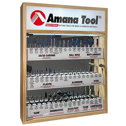 Amana Tool AMS-CNC-60 CNC Master Router Bit Collection Includes 57 SKUs and LED Illuminated Mirrored Interior and Solid Wood Display Amana Tool