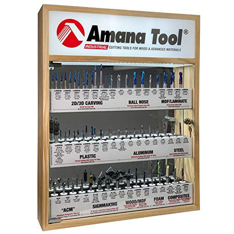 Amana Tool AMS-CNC-60 CNC Master Router Bit Collection Includes 57 SKUs and LED Illuminated Mirrored Interior and Solid Wood Display Amana Tool