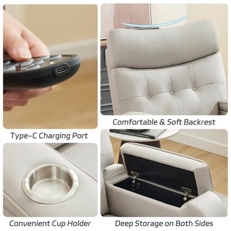 AEMEIOS Power Swivel Rocking Recliner with Massage & Heat, PU Leather Rocker Reclining with Type-C Port & Timing, Oversized Swivel Glider Recliner with Dual Storage Arms & Cup Holder, Light Grey AEMEIOS
