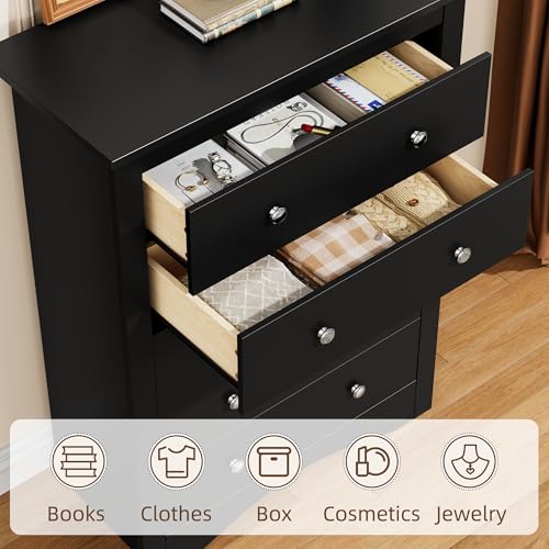 YESHOMY Tall Dresser for Bedroom with 5 Drawers, Modern Chest of Drawers, Wooden Dressers, TV Stand for Living Room,Closet, Hallway (Black)