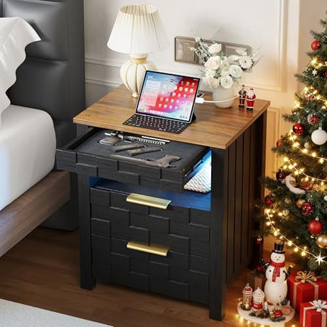 Dystler Nightstand with Gun Drawer - Bedside Table with Charging Station and 2 Drawers, Smart Side Table with 3-Color Human Sensor LED Lights for Bedroom, Black Dystler