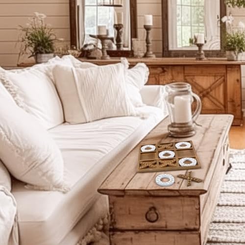 Rotatingpals Tic Tac Toe Game 10.6 Inch Rustic Wood Board Game Coffee Table Games Tic Tac Toe Table Decor for Kids Family Adults Travel Outdoor Game Rotatingpals