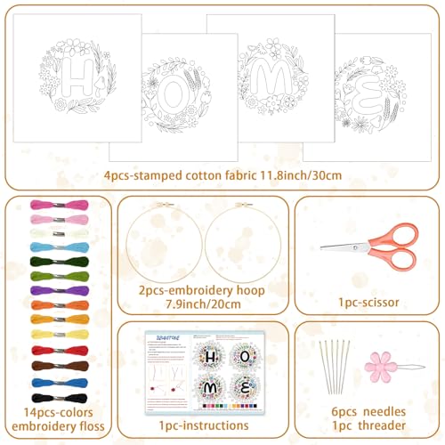 BEUNITONE 4 Set Embroidery Kit for Beginners, DIY Home Theme Pre-Stamped Pattern Needlepoint Kits for Adults with Hoop and Instruction, Funny Hand Embroidery Patterns for Cloth and Home Decor